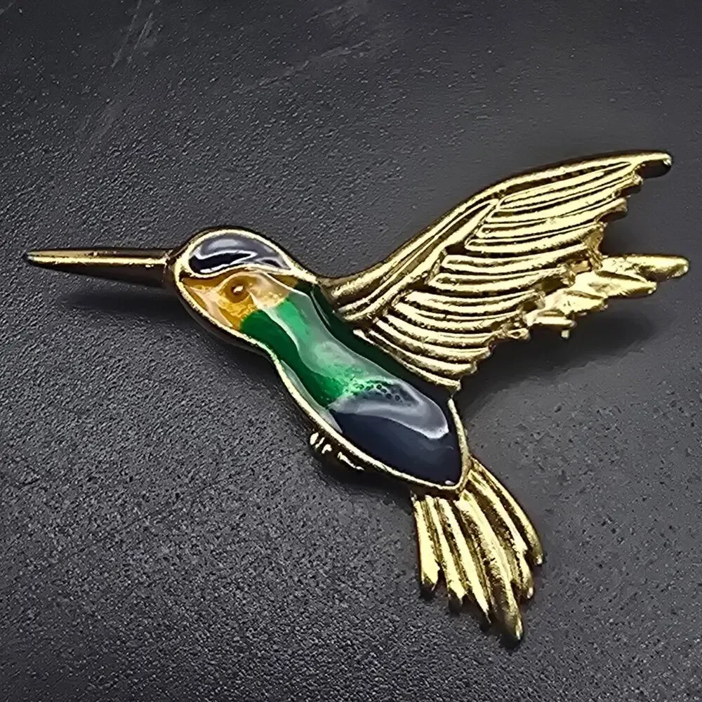 Danecraft Hummingbird Brooch Gold Tone Green Blue Bird Animal Jewelry